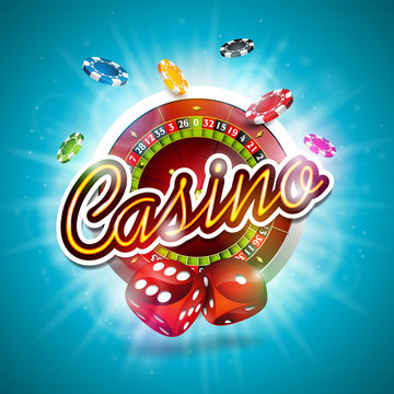 Vector illustration on a casino theme with color playing chips, roulette wheel and red dices on blue background. 