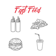 Vector burger sketch hand drawn with mustard sauce, ketchup squeeze bottles set. isolated illustration on a white background. Tasty fresh fastfood chickenburger, cheesburger with vegetables.