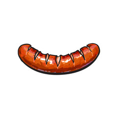 Freshly grilled, barbequed processed meat sausage, sketch style vector illustration on white background. Realistic hand drawing of German sausage grilled, fried on open fire, BBQ, picnic food