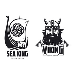 vector vikings icon logo template design simple set flat isolated illustration on a white background. Axes and man in helmet with mustache and beard brutal portrait, wooden ship with sail image
