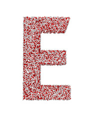 3D render of red and white alphabet make from pills. Big letter E with clipping path. Isolated on white background