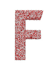 3D render of red and white alphabet make from pills. Big letter F with clipping path. Isolated on white background