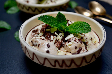 Close up of Ice Cream Bowl with Mint Leaves.