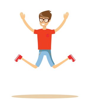 Active guy jumping in joy, isolated on white. Stock flat vector illustration.