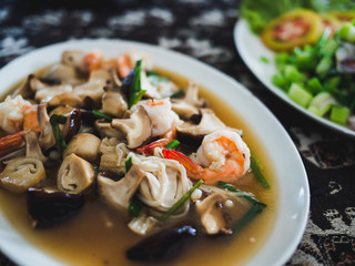thai food , mushroom stir fried with prawns