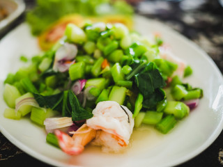 thai food , yum Fresh shrimp kale.