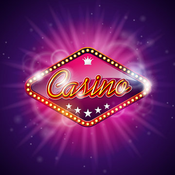 Vector illustration on a casino theme with shiny caption sign display on dark violet background. Gambling design elements.