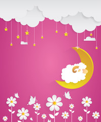 Obraz premium Counting sheep. Cartoon character happy sheep on moon. Sweet dreams.paper art