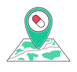 Textured green geotag icon with capsule symbol pointing at a map.GPS navigation.Mobile device, smartphone app, website vector illustration.Drugstore sign. Pharmacy location on a plan. Clinic emblem.
