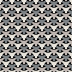 Seamless wickerwork triangle surface pattern. Black and white vector graphic. Repeated interlocking gray figures on black background.