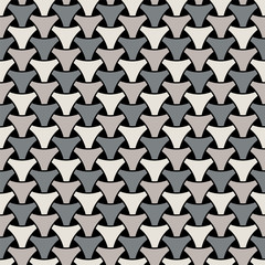 Seamless wickerwork triangle surface pattern. Black and white vector graphic. Repeated interlocking gray figures on black background.