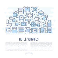 Fototapeta na wymiar Hotel services concept in half circle with thin line icons of facilities in room. Vector illustration for banner, web page, print media.