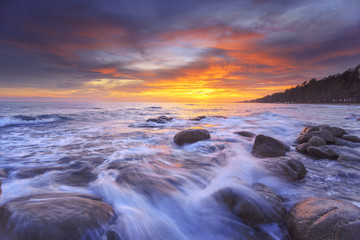 Beautiful sunset sky red and seascape on the rock
