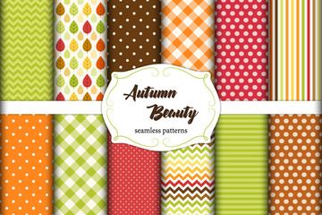Set of 12 cute seamless Autumn Beauty patterns with leaves, polka dots. stripes, chevron and plaid