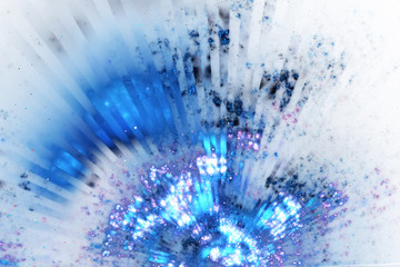 Bright splash. Abstract blue glowing rays and sparkles on white background. Fantasy fractal texture. Digital art. 3D rendering.