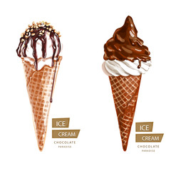 Two chocolate waffle ice cream, cartoon on a white background.