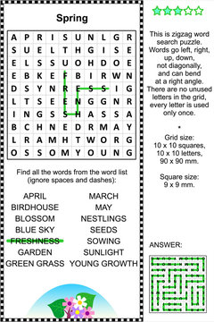 Spring Themed Zigzag Word Search Puzzle (suitable Both For Kids And Adults). Answer Included.
