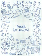 Sheet in a cage with doodle drawings painted with a pen. School theme with the inscription Back to school! Vector illustration