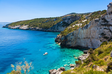 View of  Agios Nikolaos blue caves  in Zakynthos (Zante) island, in Greece