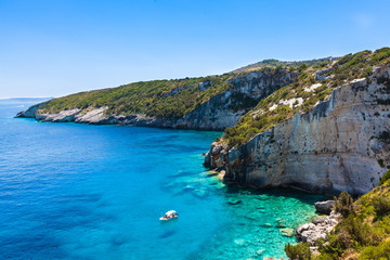 View of  Agios Nikolaos blue caves  in Zakynthos (Zante) island, in Greece