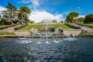 Monumental fountain with waterfalls in a French city park