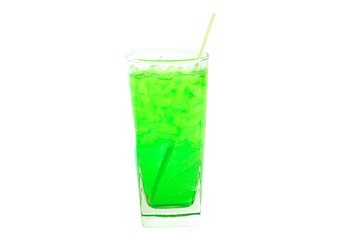 Apple green soda juice with ice and straw isolated on white background