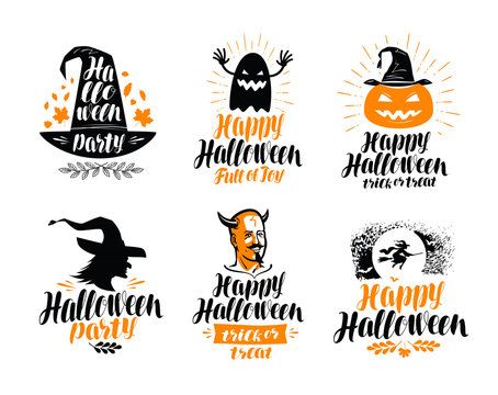 Happy Halloween, lettering. Holiday, greeting card label or logo. Vector illustration