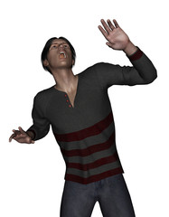 3d rendering of a man looking up above and see something shocked or scary