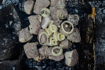 Meat preparing on a grill. Top view