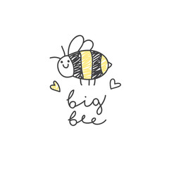 big bee logo, cute hand drawn fat bee with handwritten text on white background