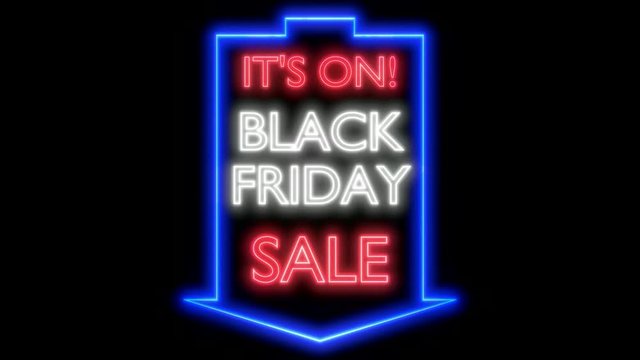 Black friday sale neon sign on dark background. Loop able, 3D rendering, white and blue variant, UHD.