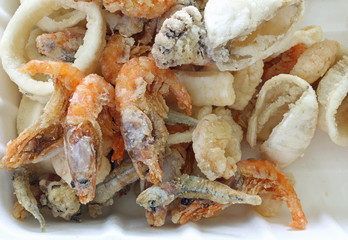 Tasty and salty fried fish and shrimp takeaway