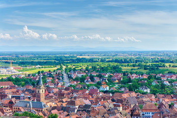 Obernai aerial view on summer sunshine, Alsace, France