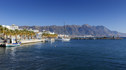 Fototapeta premium Harbour of Kardamena village and mountains of Kos island, Greece. 
