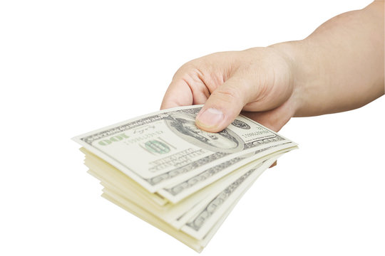 Hand giving out dollar bank note money isolated over white - photo includes CLIPPING PATH