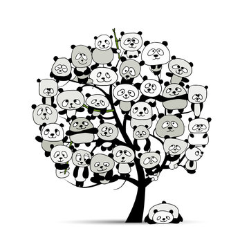 Tree with funny pandas, sketch for your design