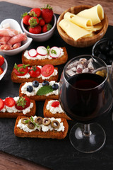 Italian antipasti wine snacks set. Cheese variety, Mediterranean