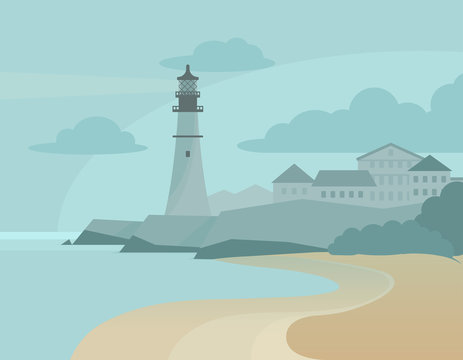 View on beach and lighthouse on rock cape near city. Vector flat illustration.