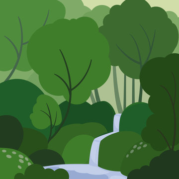Clean fount in the green dell. Forest landscape. Vector flat illustration.