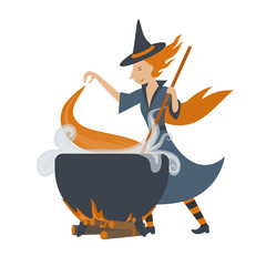 Red witch cooks with the potion in the boiler. Vector flat illustration.