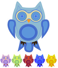 A set of six cute sewed with owl buttons, sewing style, patches, seams