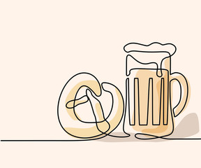 Continuous line drawing. Oktoberfest Beer mug and pretzel. Soft color Vector illustration