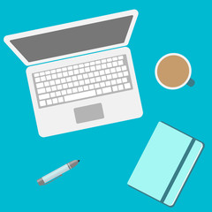 Laptop and notebook and office supplies top view. Vector flat icon with notebook, pc, pen, and a cup of hot coffee