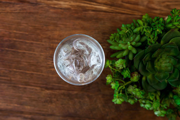Glass of Cold Water with Ice on Wooden table, Top view, Green Leaf are Decorated