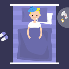 Sick blond boy lying under the blanket with an ice pack on his head and thermometer in the mouth / flat editable vector illustration