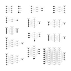 Vector Set of Neural Network types Isolated on white background. Machine Learning, Deep Learning. Input, Output and Hidden Layers. Object Recognition. Black and White Vector Illustration.