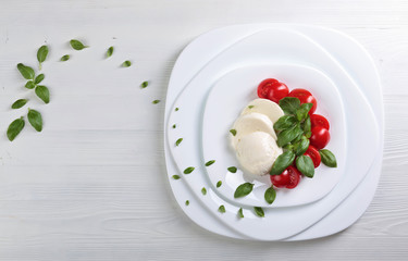 Mozzarella with tomato and green basil.