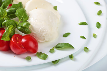 Mozzarella with tomato and green basil.