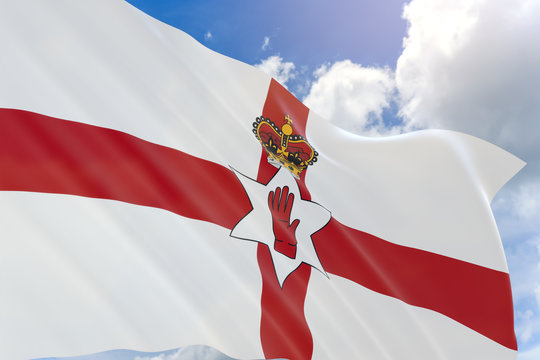 3D rendering of Northern Ireland flag waving on blue sky