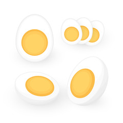 Set of fresh boiled eggs including slices, half cut pieces in flat style. Simple easy breakfast. Cooked food icon collection. Vector illustration